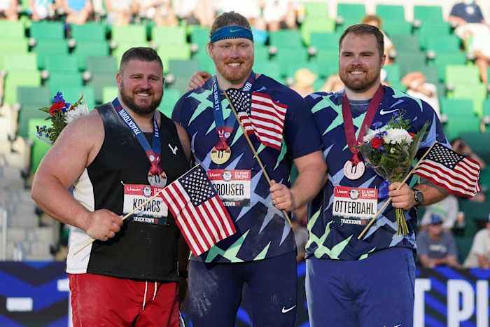 Penn State graduate Joe Kovacs (left) with fellow U.S. Olympic Team members Ryan Crouser (center) and Payton Otterdahl. (Kirby Lee, USA Today Sports)